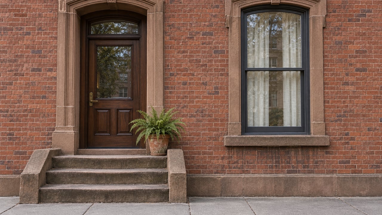 Weathered sandstone steps lead to a timber condominium entrance beside a tall window in a reddish-brown brick facade.