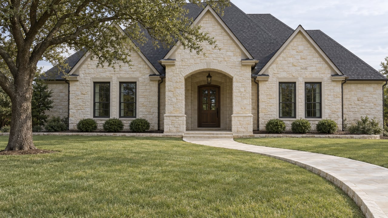 A broad green lawn leads to a symmetrical limestone home with a dark gabled roof, recessed arched entry and mature oak at the edge.