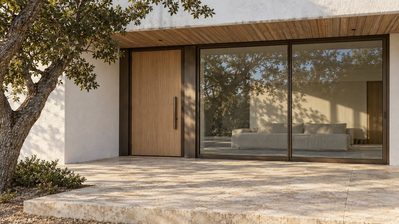 White coastal home entry with an oak door, bronze-framed glass, limestone terrace and a sculptural sand live oak.