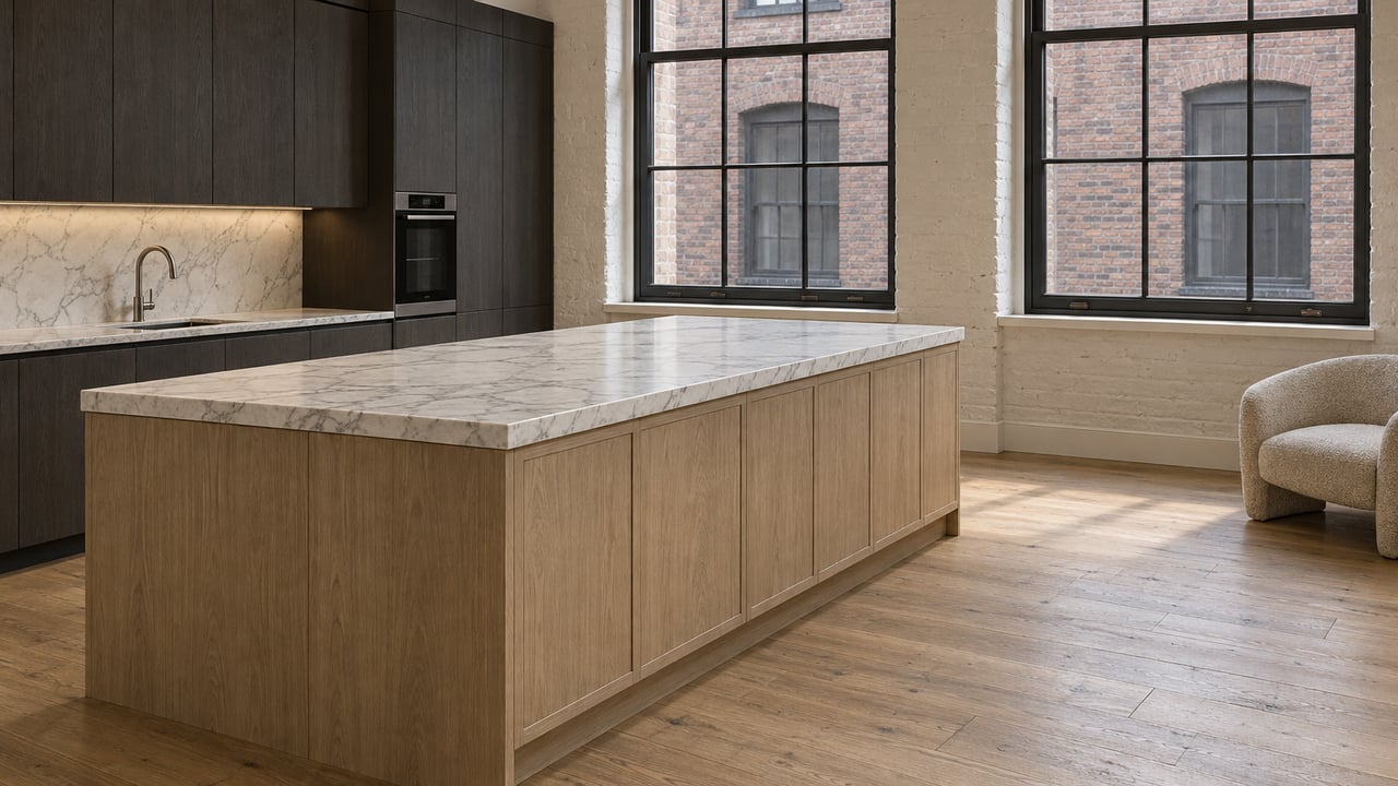 Elevated view of a loft kitchen with a honed marble island, pale oak floors, charcoal cabinetry and large black-steel windows facing brick masonry.