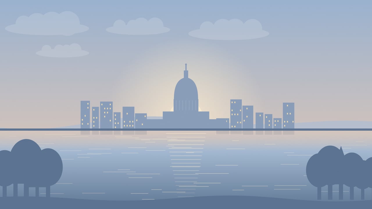 Illustration of the Madison skyline and Wisconsin State Capitol dome at dawn, reflected in the lake with trees in the foreground
