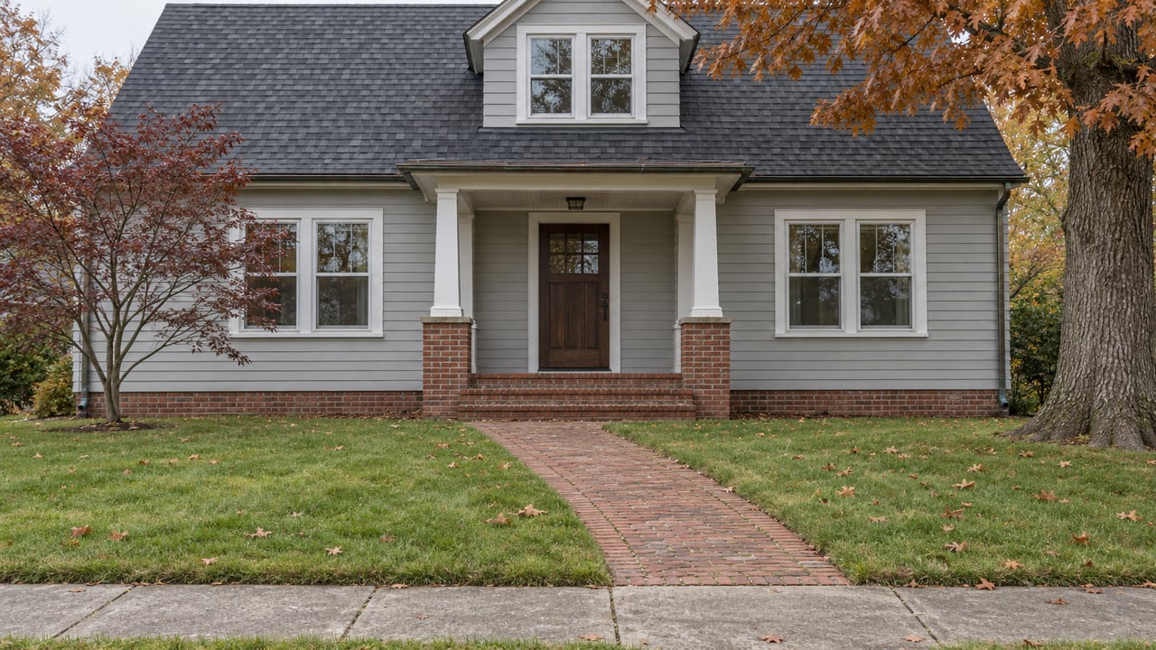 An established pale-gray gabled home beyond a deep autumn lawn, with a brick approach and mature oak.