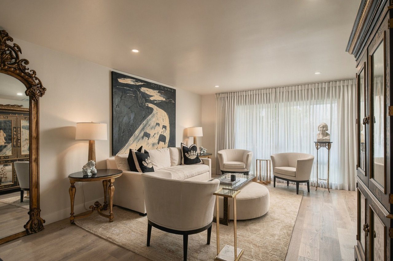 Staged living room with high-end furniture in a Rossmoor Walnut Creek condo for sale