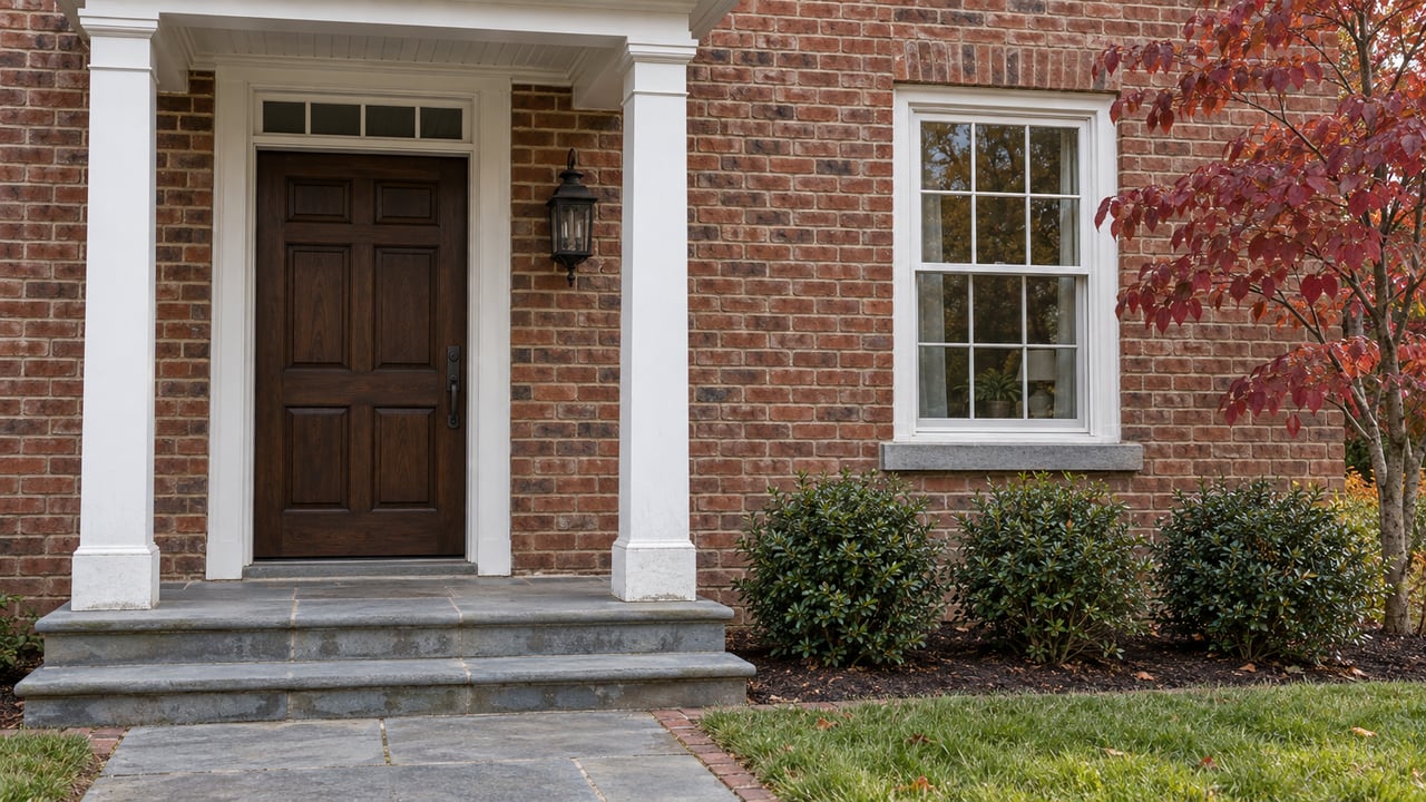 Brick home entry with white timber portico, dark oak door, bluestone steps and autumn dogwood leaves.