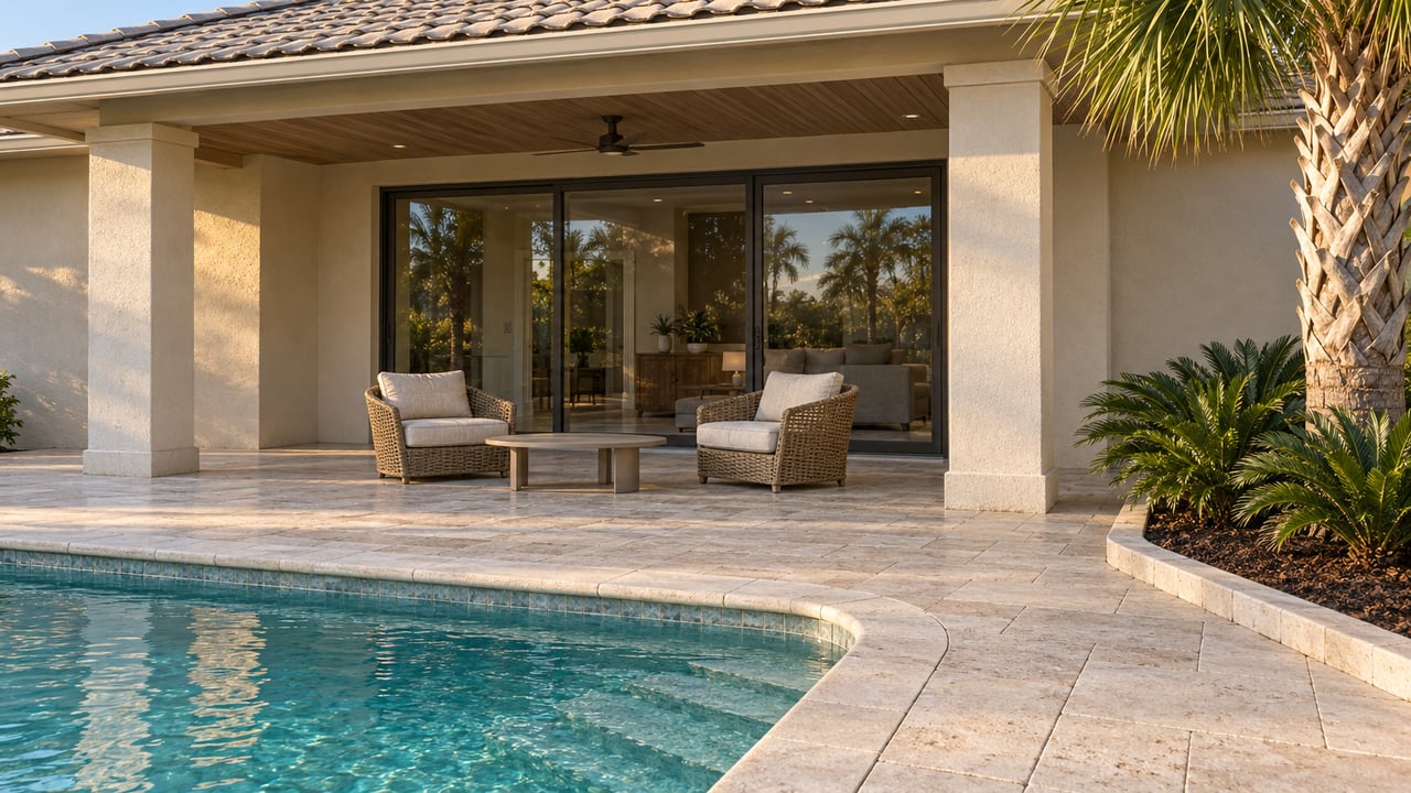 Pale stucco home with a shaded covered terrace, woven chairs, limestone paving and a blue-green pool corner beside a mature palm.