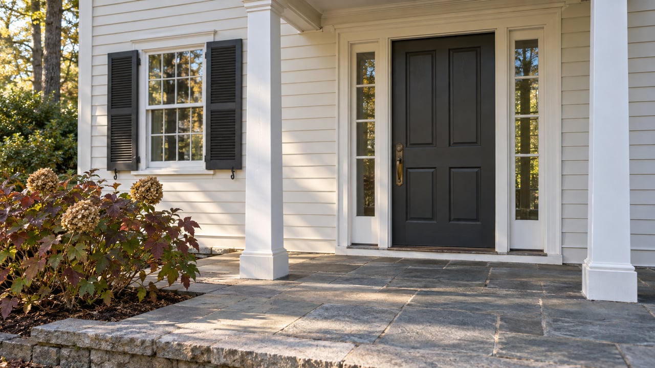 White home entrance with a black front door, stone porch, and white columns.