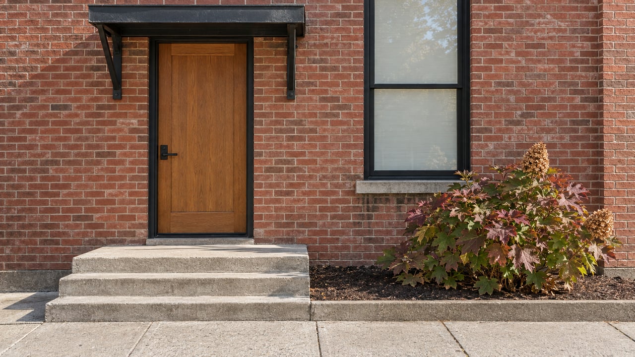 Red brick townhome entry with a warm oak door, black metal canopy, concrete steps, and an autumn oakleaf hydrangea.