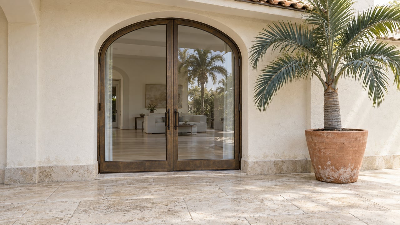 Cream stucco arched glass doors beside a sculptural palm in a terracotta planter on a pale limestone terrace.