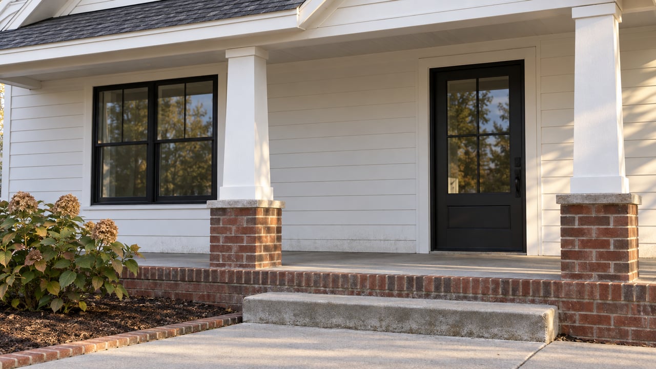 White-sided home entry with black-framed glazing, brick porch risers, concrete steps and an oakleaf hydrangea beside the approach.