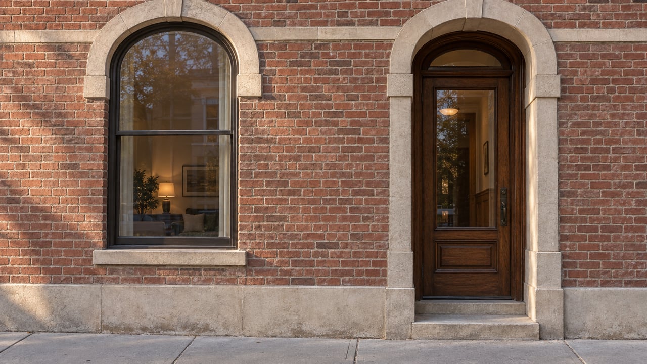 Red-brown brick residential facade with an arched window and recessed glazed timber door.