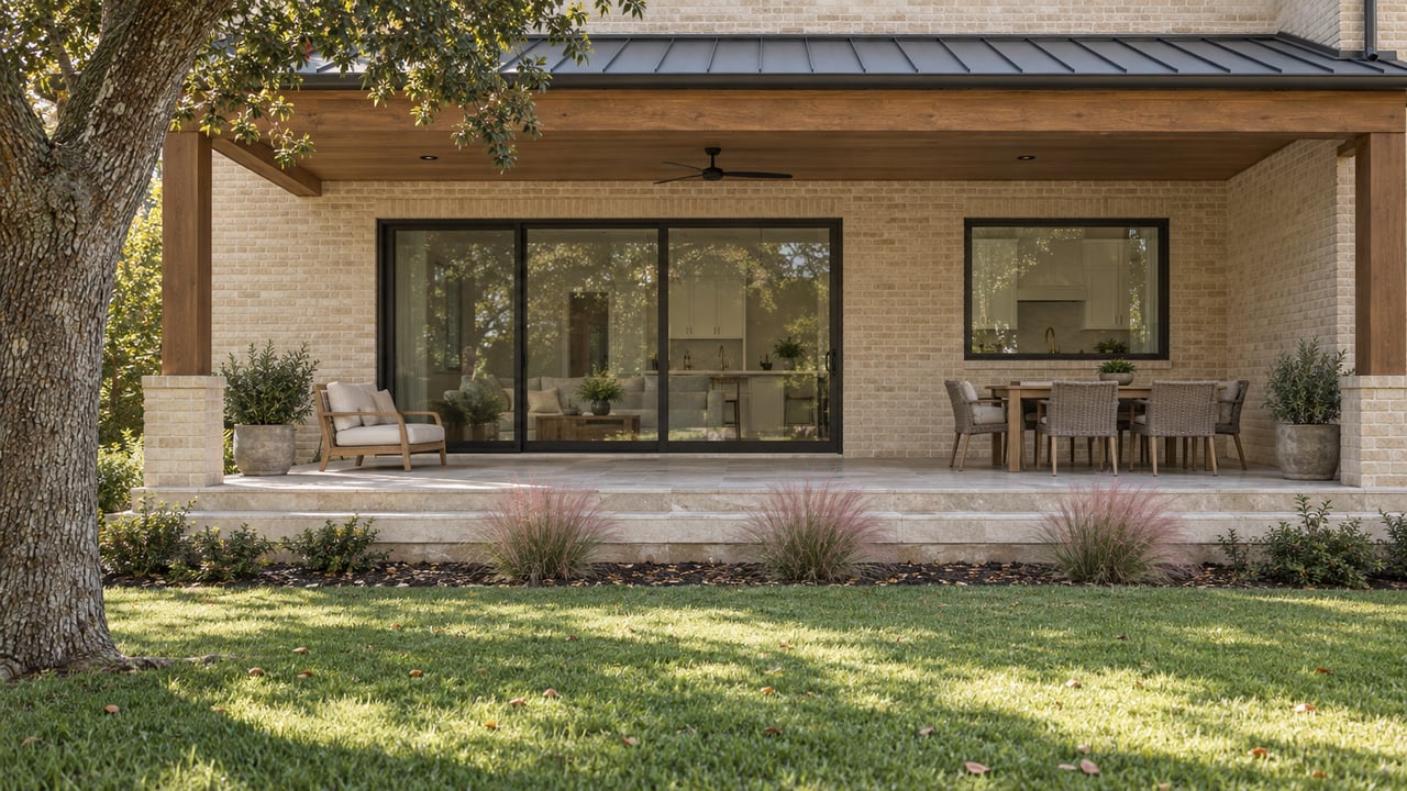 Buff-brick house with a covered limestone terrace, glass doors, lawn, and an oak tree at left.