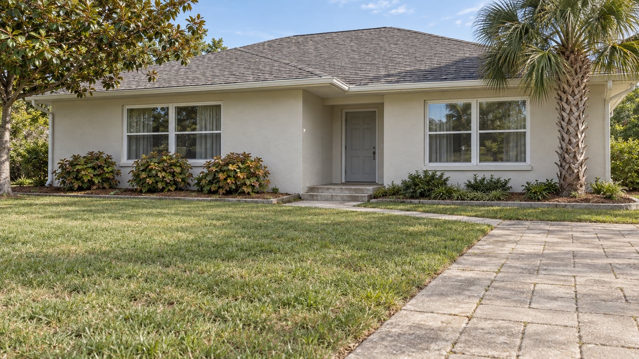 A sunlit single-story stucco home behind a broad lawn, with a weathered paver driveway, magnolia tree and specimen palm.