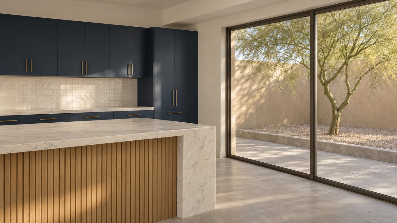Honed stone and oak kitchen island beside navy cabinetry, with a closed window overlooking a palo verde tree in a walled gravel courtyard.