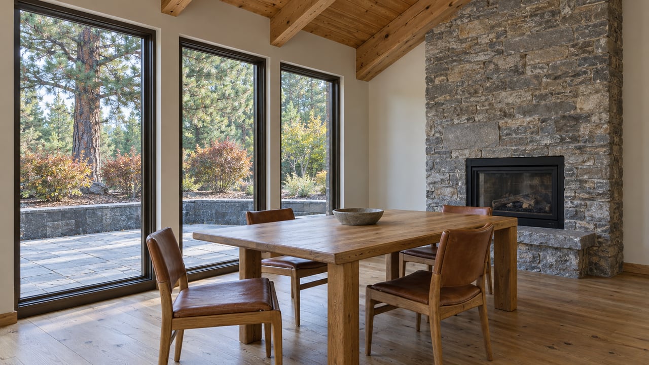 Sunlit dining room with timber ceiling beams, an oak table, leather chairs, and a stone fireplace beside tall garden windows.