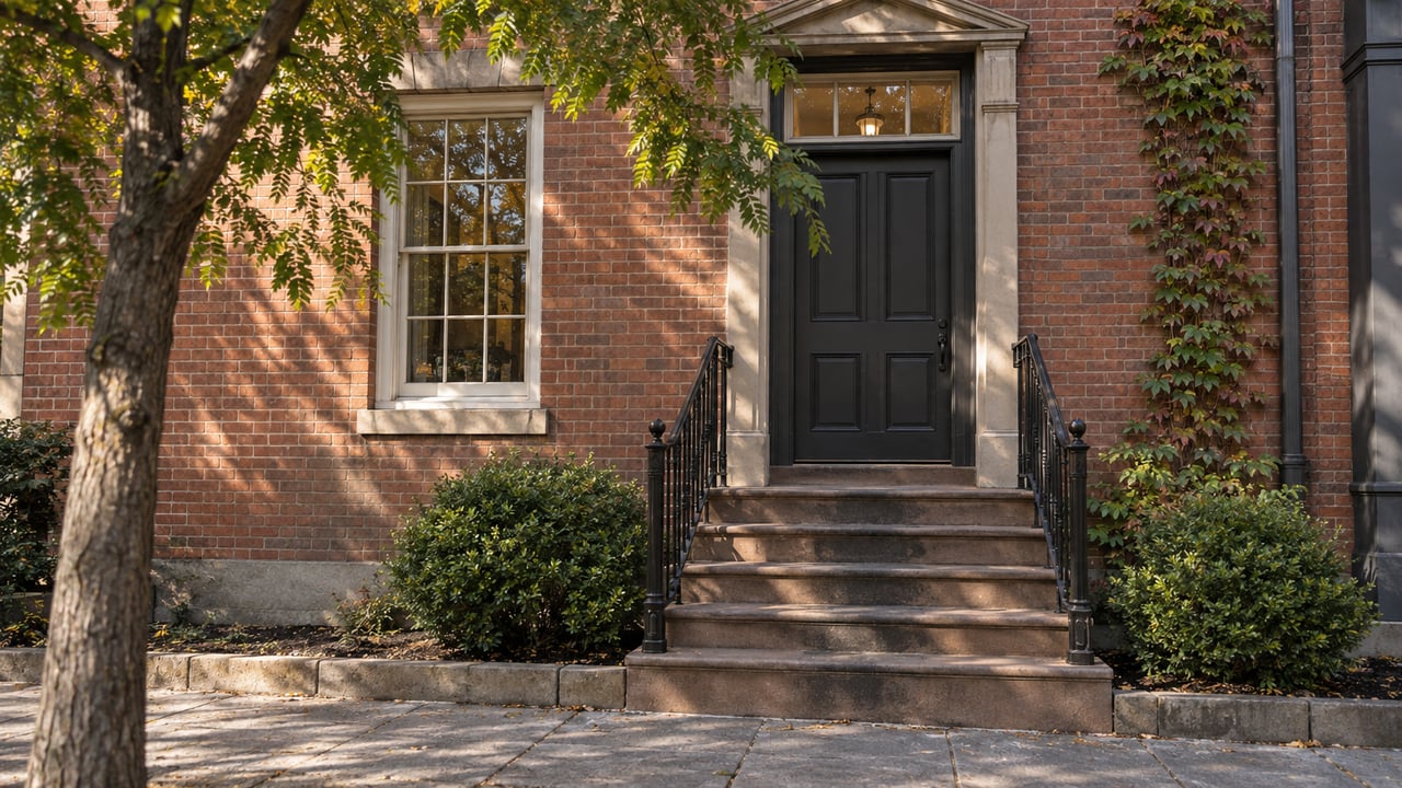 Brick rowhouse entry with brownstone steps, paired iron rails, clipped boxwoods, and leafy shadows.