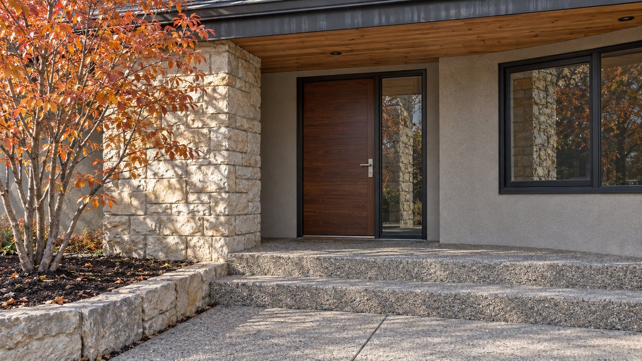 Limestone and cedar bungalow entry with broad concrete steps, closed glazing and a copper-leaved serviceberry.
