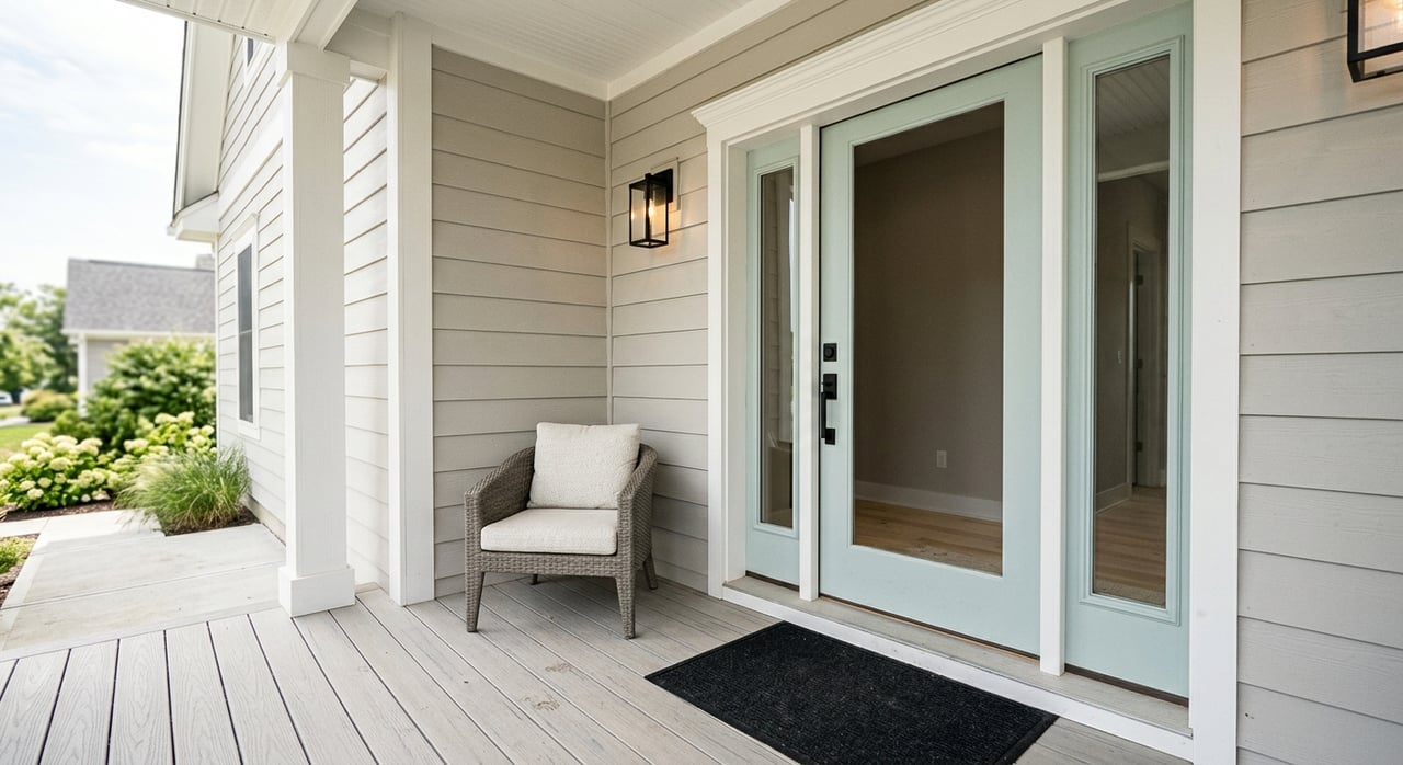 Seafoam front door with sidelights framed by white porch columns and gray siding.