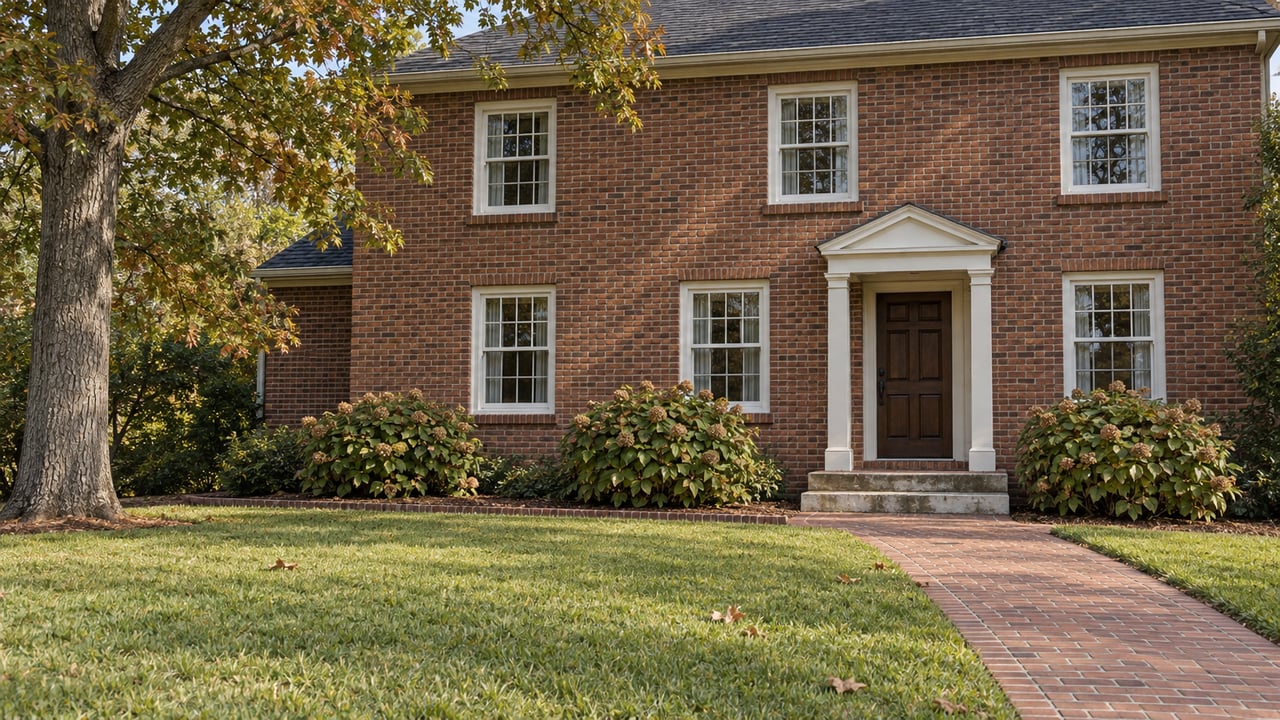 Traditional red-brown brick home with white sash windows, a walnut entrance door, a deep front lawn and a mature oak.