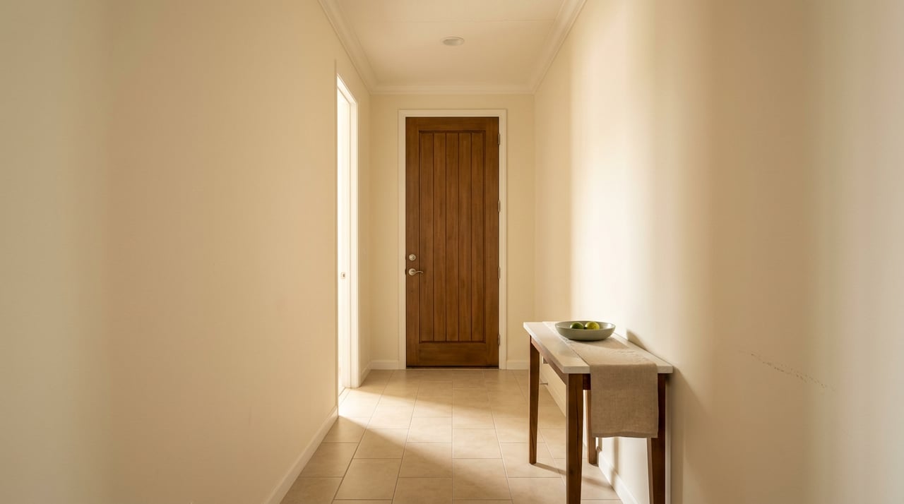 Cream hallway with a cypress door, console table, sage bowl, and limes lit by warm sidelight.