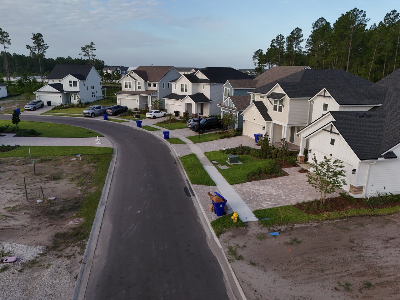 Aerial view of new homes along a curving street, with pine trees behind the neighborhood.