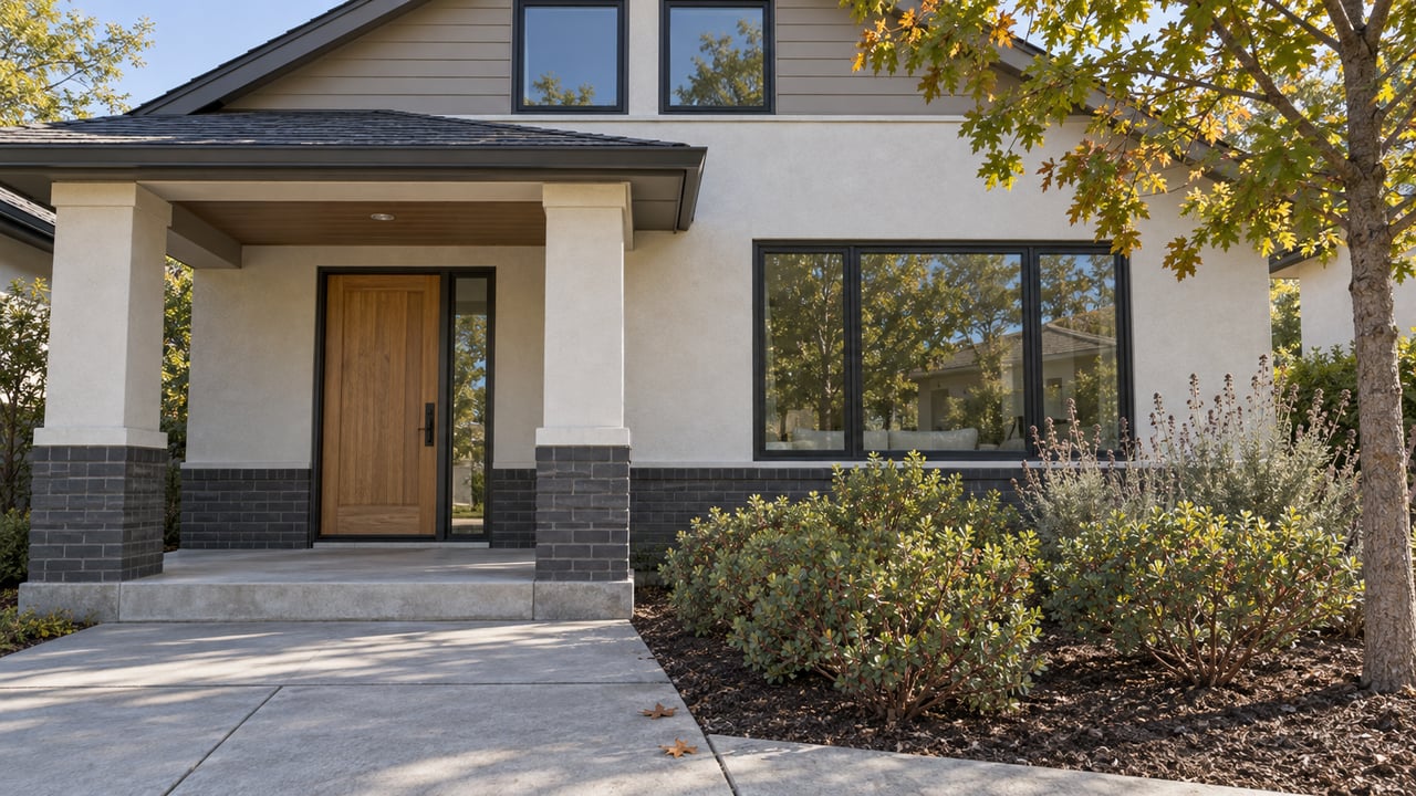 Compact gabled home with ivory stucco, a recessed oak entry, concrete approach and carefully spaced native planting.