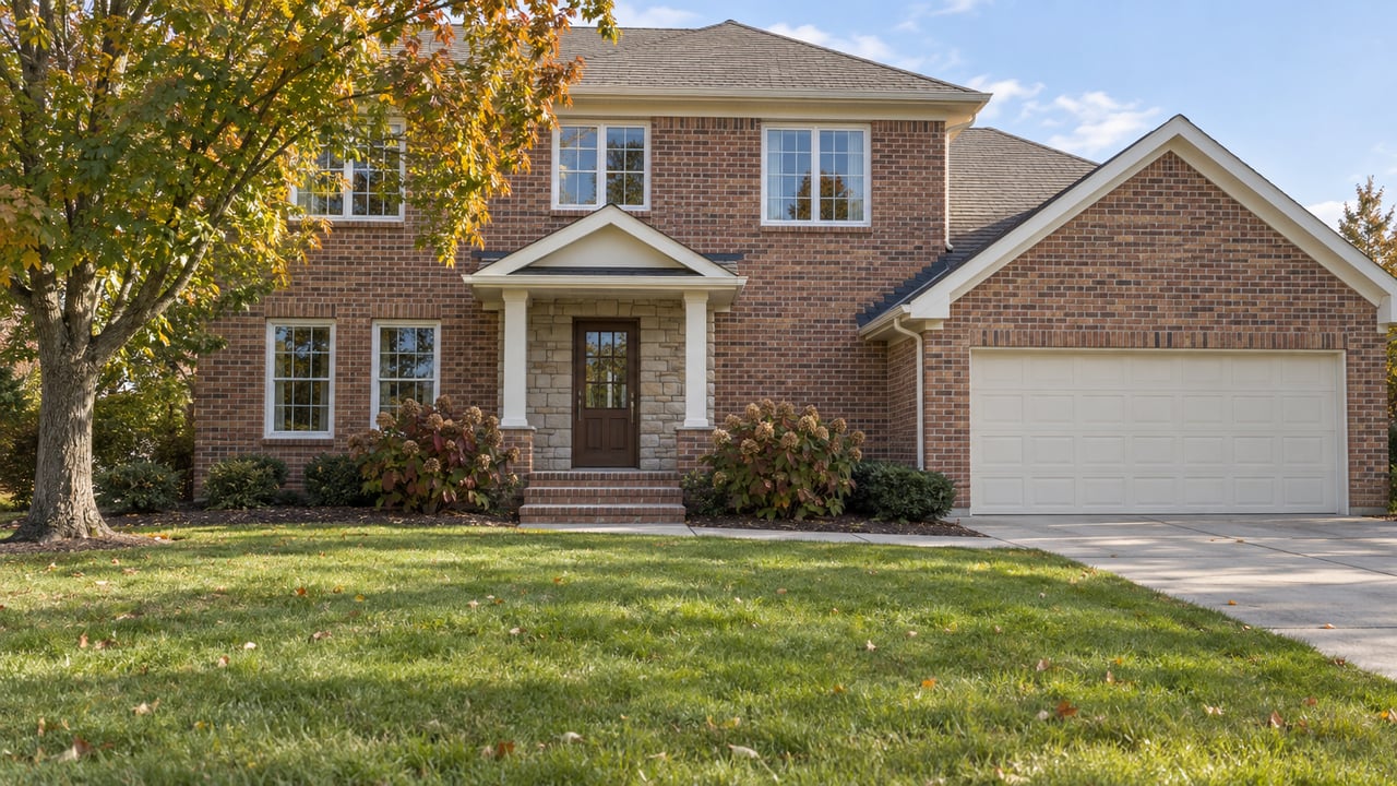 Traditional red-brown brick home with a covered stone-accented entry, two-car garage, deep front lawn and early autumn foliage.