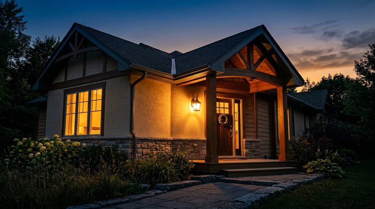 Single-story stucco ranch with a stone entry, glowing windows and lantern beneath an indigo dusk sky.