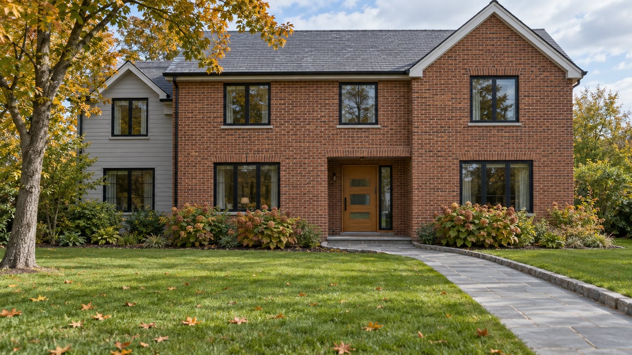 Brick and pale-sided two-story home across a deep autumn lawn, with black-framed windows, a bluestone walk and an amber maple.