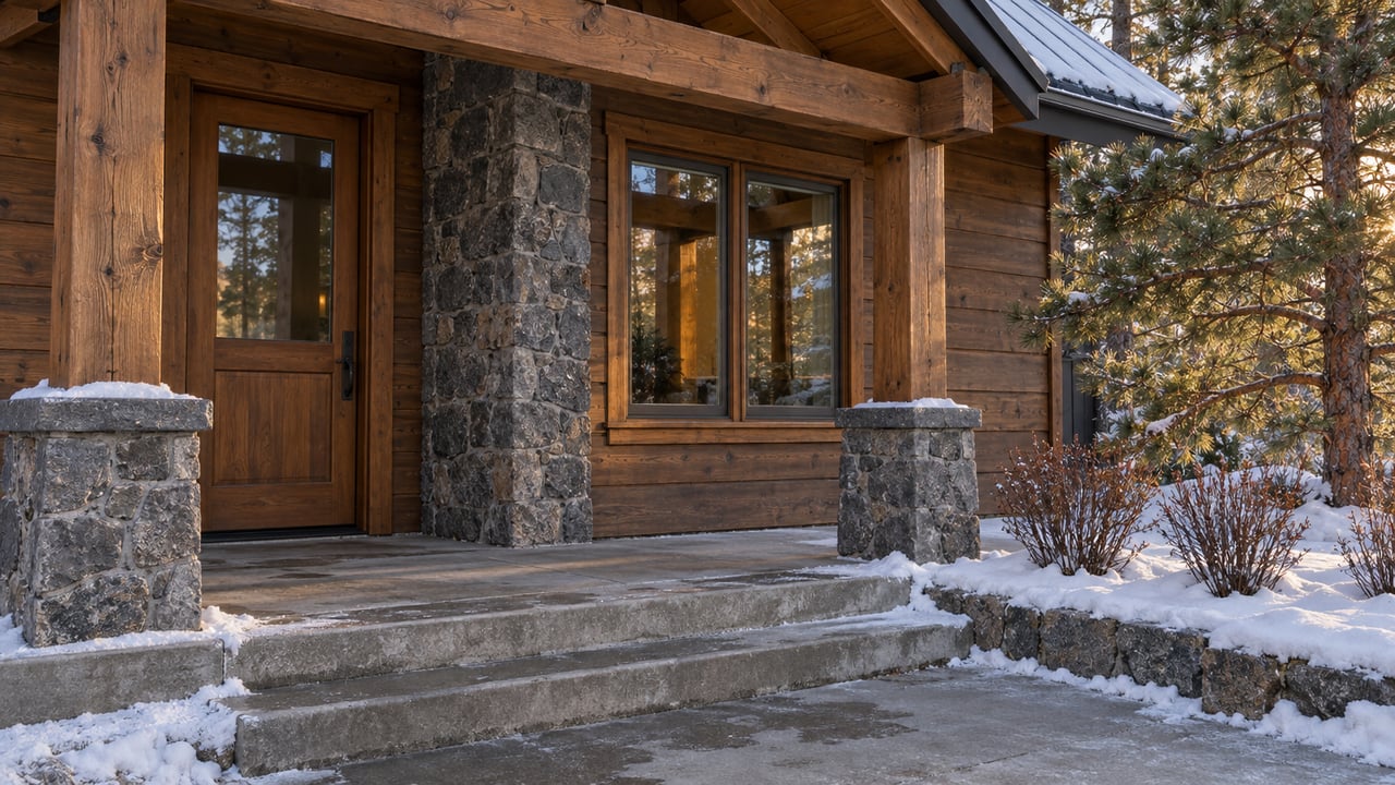 Snow edges the concrete steps of a timber-clad home with a stone porch pier, enclosed wood-framed windows and a lodgepole pine.
