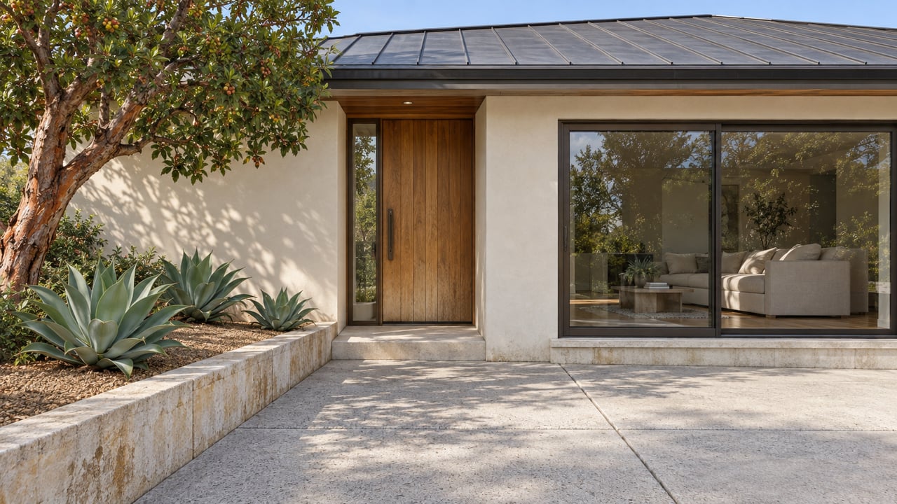 Low single-story home with cream stucco, weathered cedar entry, broad bronze-framed glazing and a pale concrete approach beside sculptural planting.