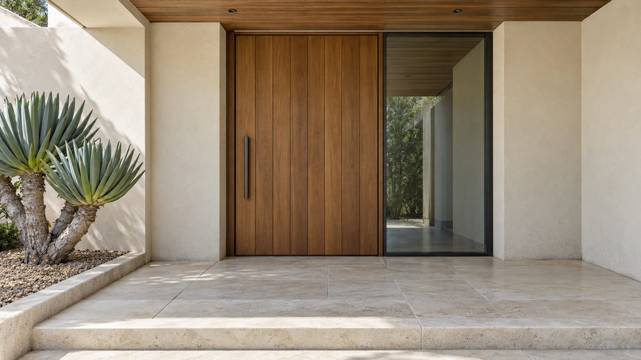Sheltered teak entry door and bronze-framed sidelight above pale limestone steps, beside a sculptural fan aloe.