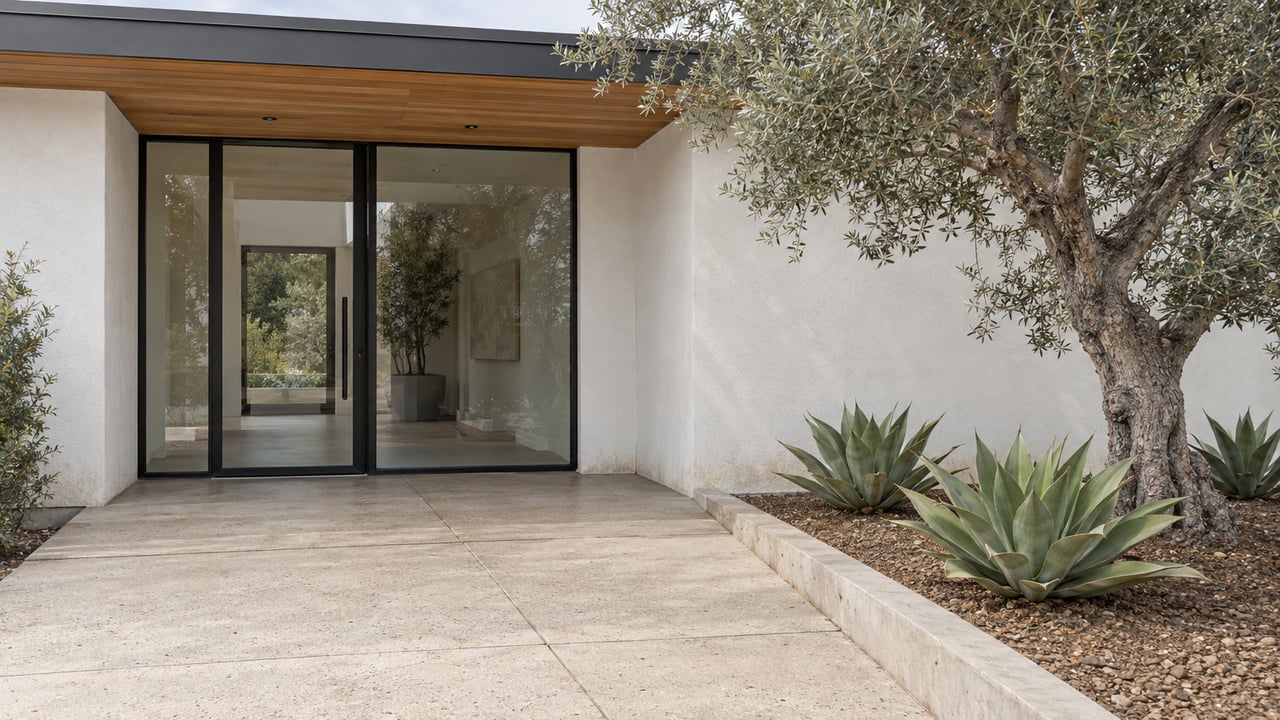 Contemporary white-stucco home entrance with cedar soffit, black-framed glass door, concrete approach and an olive tree above three agaves.