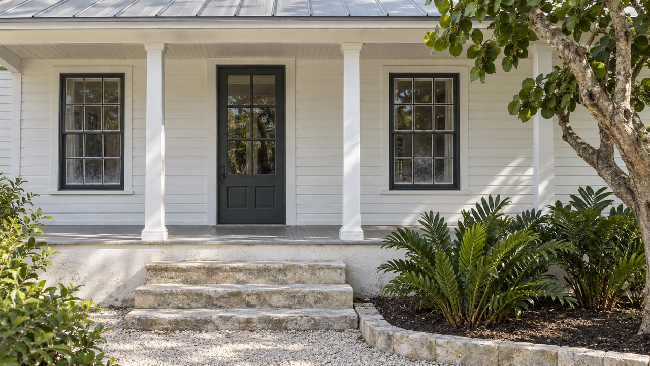 White clapboard cottage porch with a recessed timber door, two sash windows, limestone steps, and tropical plants.