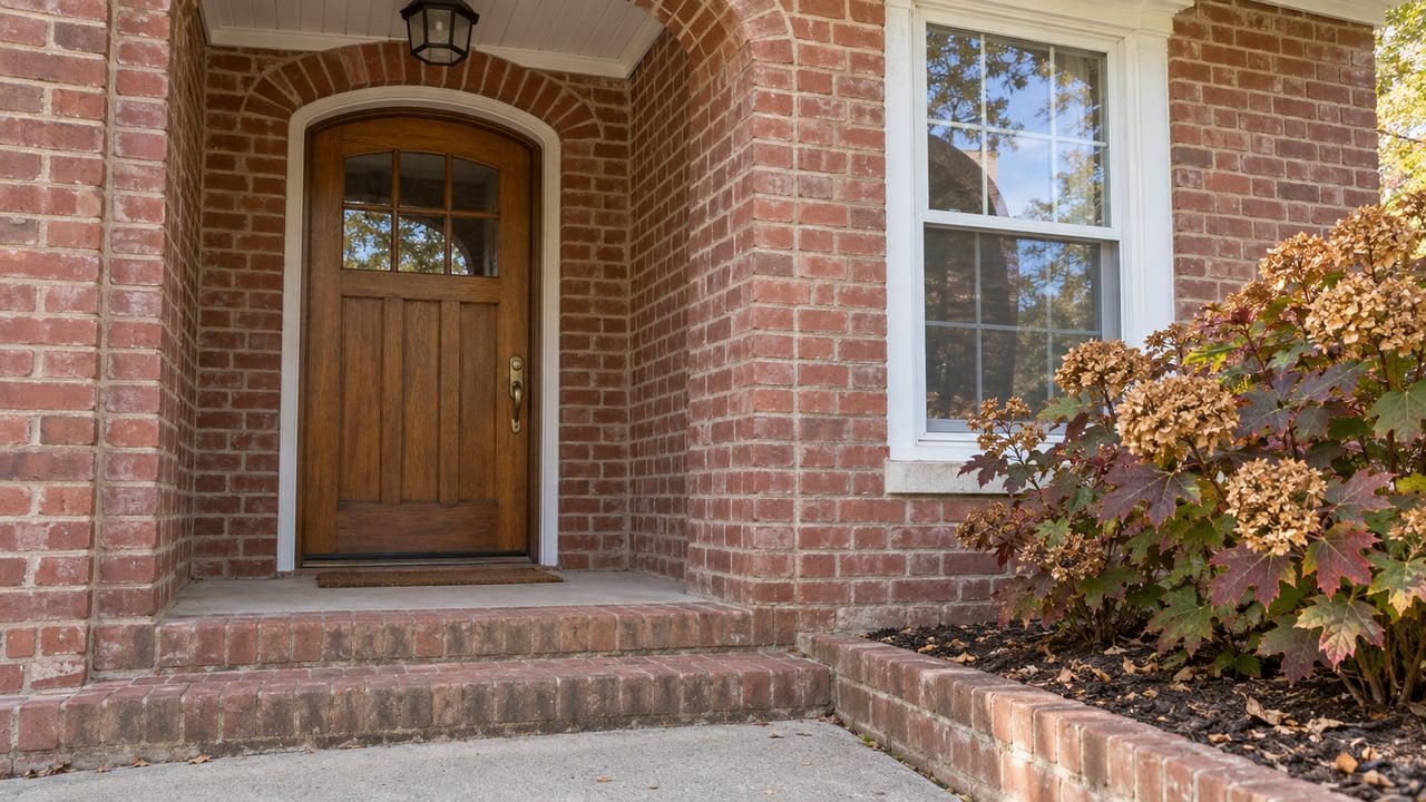 Brick home entrance with a dark wooden door, white-trimmed window, and autumn shrubs.