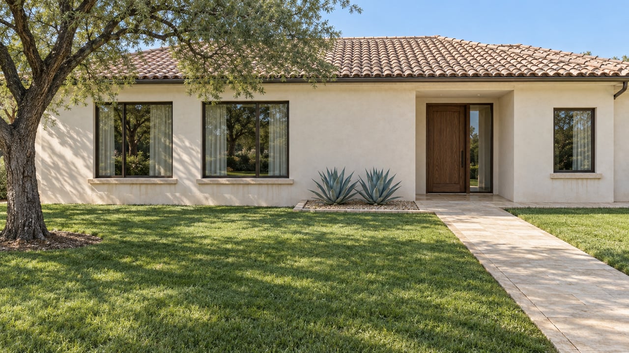 A single-story stucco home with a clay tile roof, broad front lawn, mature mesquite tree, and limestone approach in afternoon light.