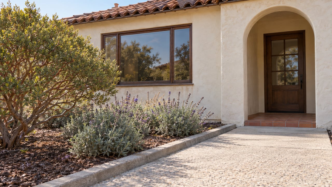 Cream stucco home with a clay-tile roof, recessed arched entry, and a thoughtfully planted front garden beside a concrete approach.
