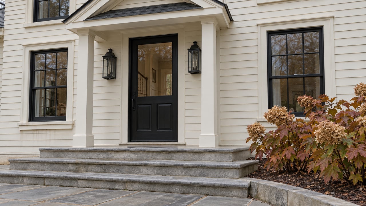Cream clapboard home with a black glazed entry door, paired lanterns, gray limestone steps, and autumn oakleaf hydrangeas.