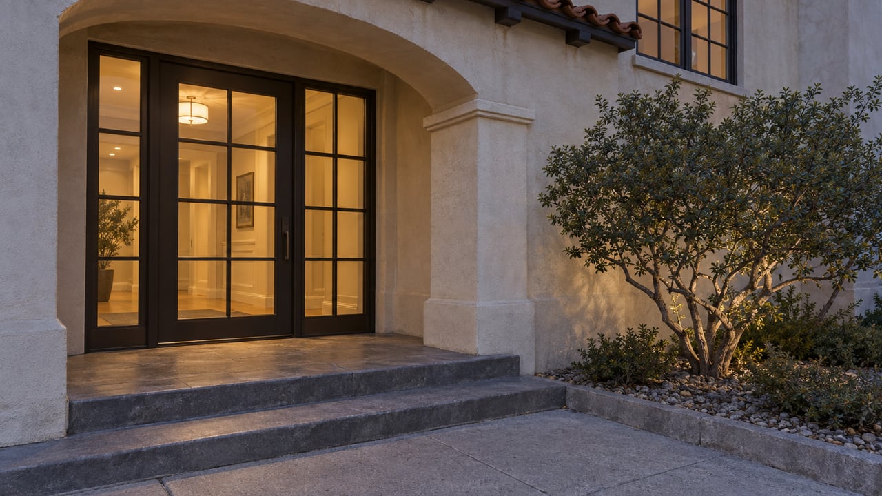 An arched stucco apartment entrance glows warmly at blue hour above worn stone steps beside a sculptural mountain mahogany.