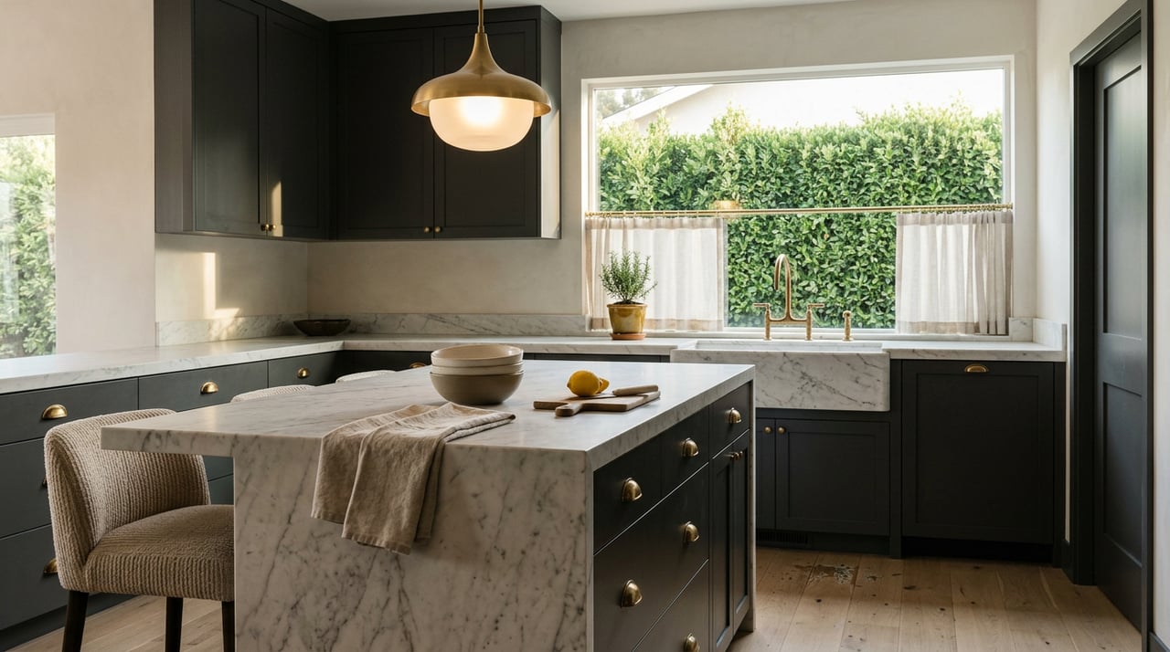 Kitchen with charcoal cabinets, veined marble island, brass pendant, linen curtain, and boxwood hedge.