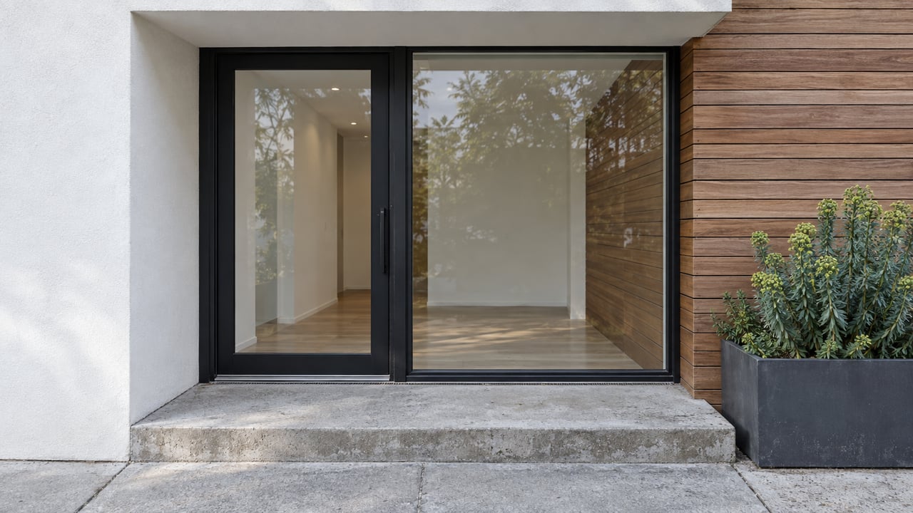Contemporary residential entrance with white stucco, weathered horizontal timber, black-framed glass and a concrete step beside a blue-green spurge planter.