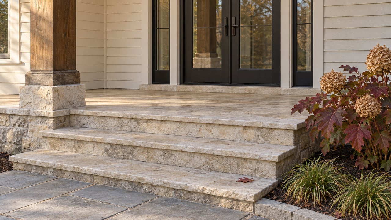 Ivory-sided home with black glazed entry doors, a weathered oak porch column, limestone steps, and burgundy oakleaf hydrangea foliage.