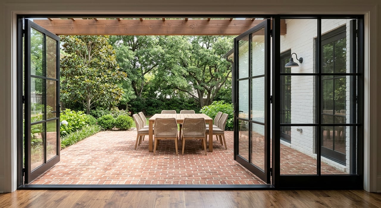 Teak dining table on a brick patio beneath a cedar pergola, viewed through open black-framed French doors.