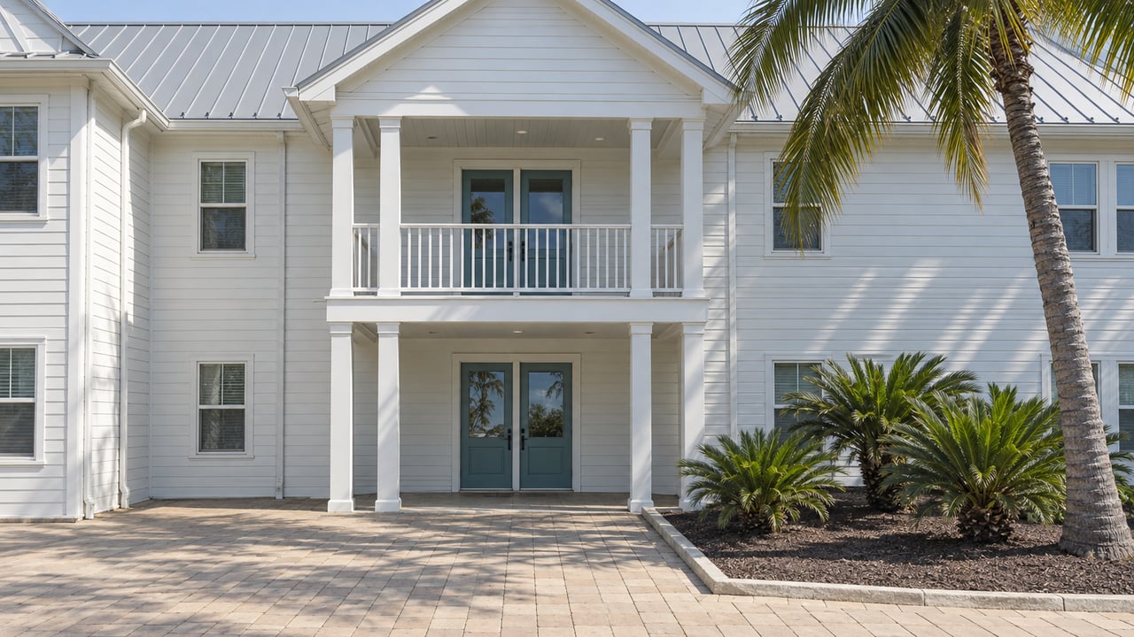 White-sided condominium with a silver gabled roof, teal-accented French doors, a covered balcony and a palm beside a paved shared approach.