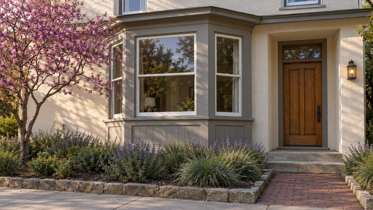 Cream stucco home with a three-sided bay window, oak door, and small garden in warm sunlight.