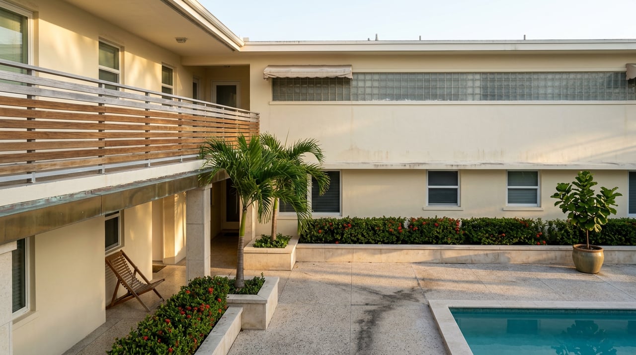 Enclosed courtyard between ivory-stucco wings, with royal palms, red-budded hedge, loggia, and turquoise pool.