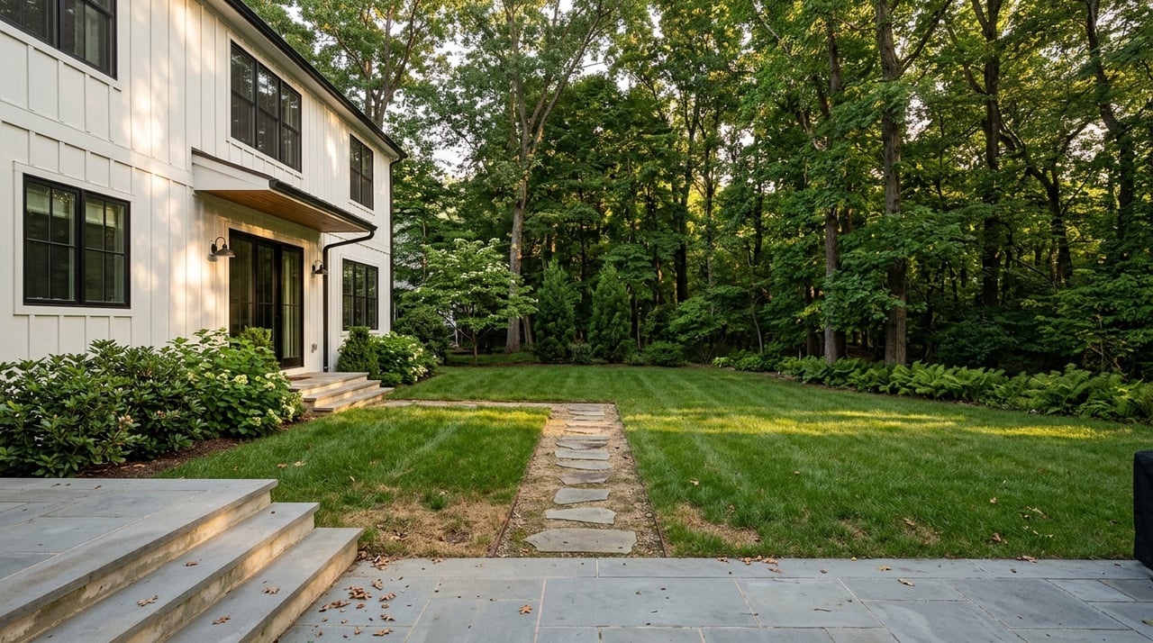 Deep lawn with a stone-dust path leading into a wooded edge beside a modern farmhouse.