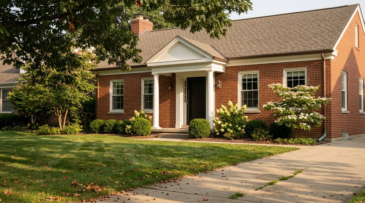 Two-story red-brick house with white-trimmed windows, columned entry, deep lawn, and oak canopy.