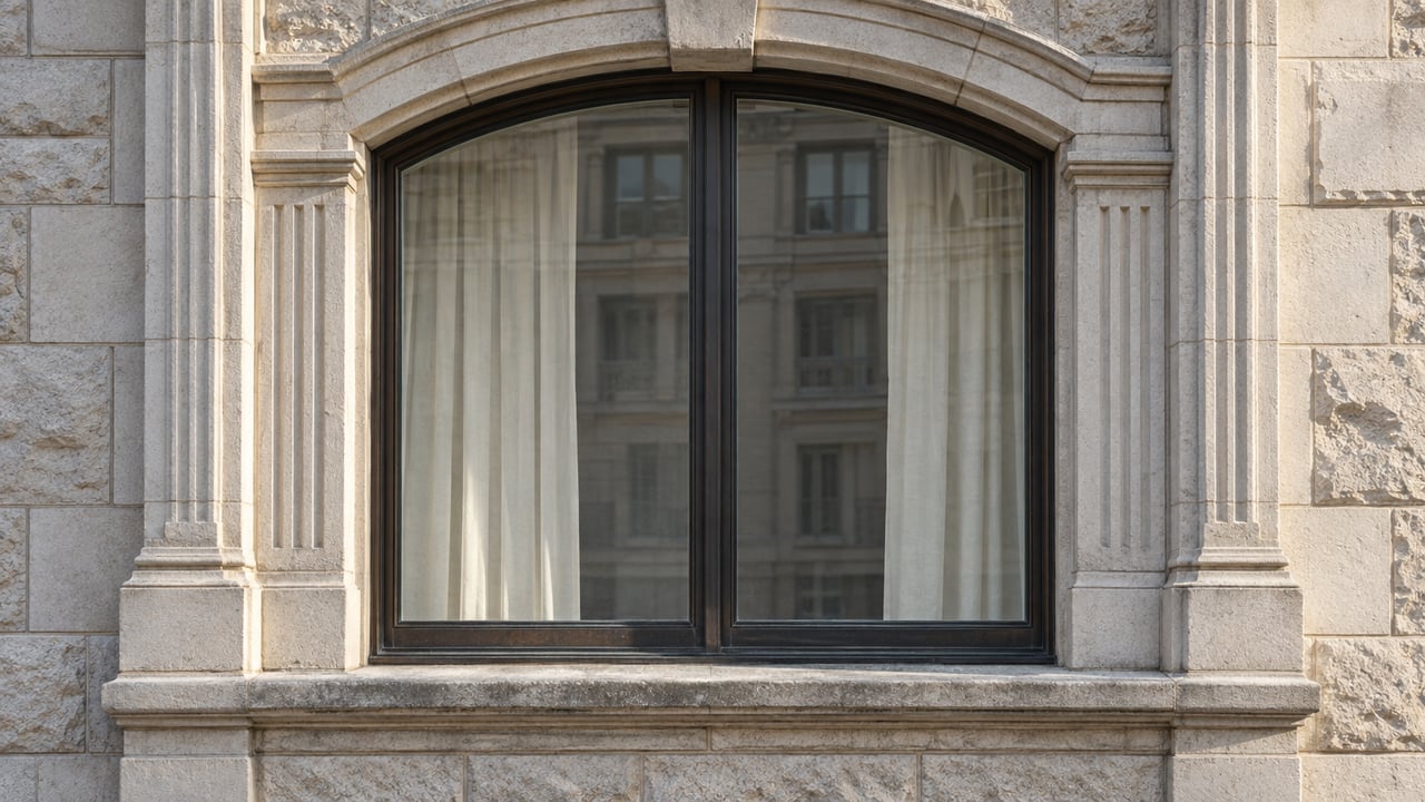 An arched residential window with dark metal frames, ivory curtains and gently weathered carved limestone surrounds.