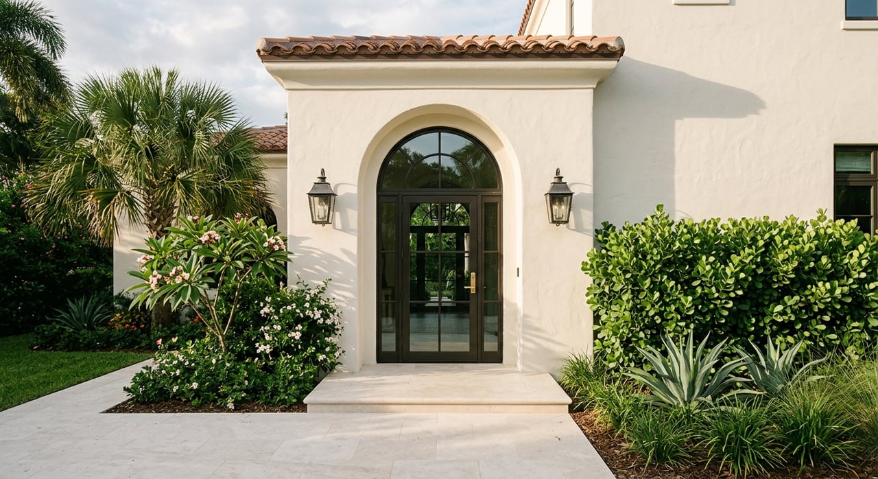 Arched stucco entry with a bronze-framed glass door, black sconces, limestone step, and tropical plants.