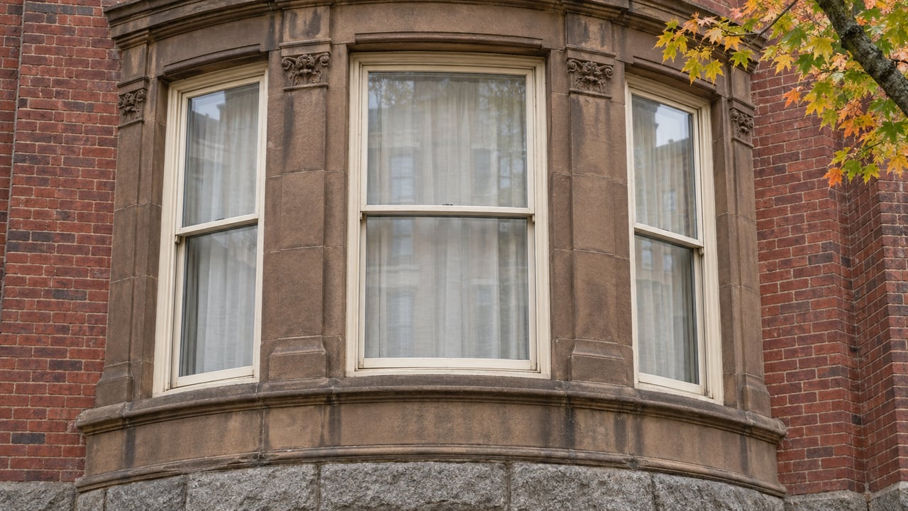 Curved brick residential facade with sandstone surrounds, three cream-painted sash windows and an amber-leaved maple branch.